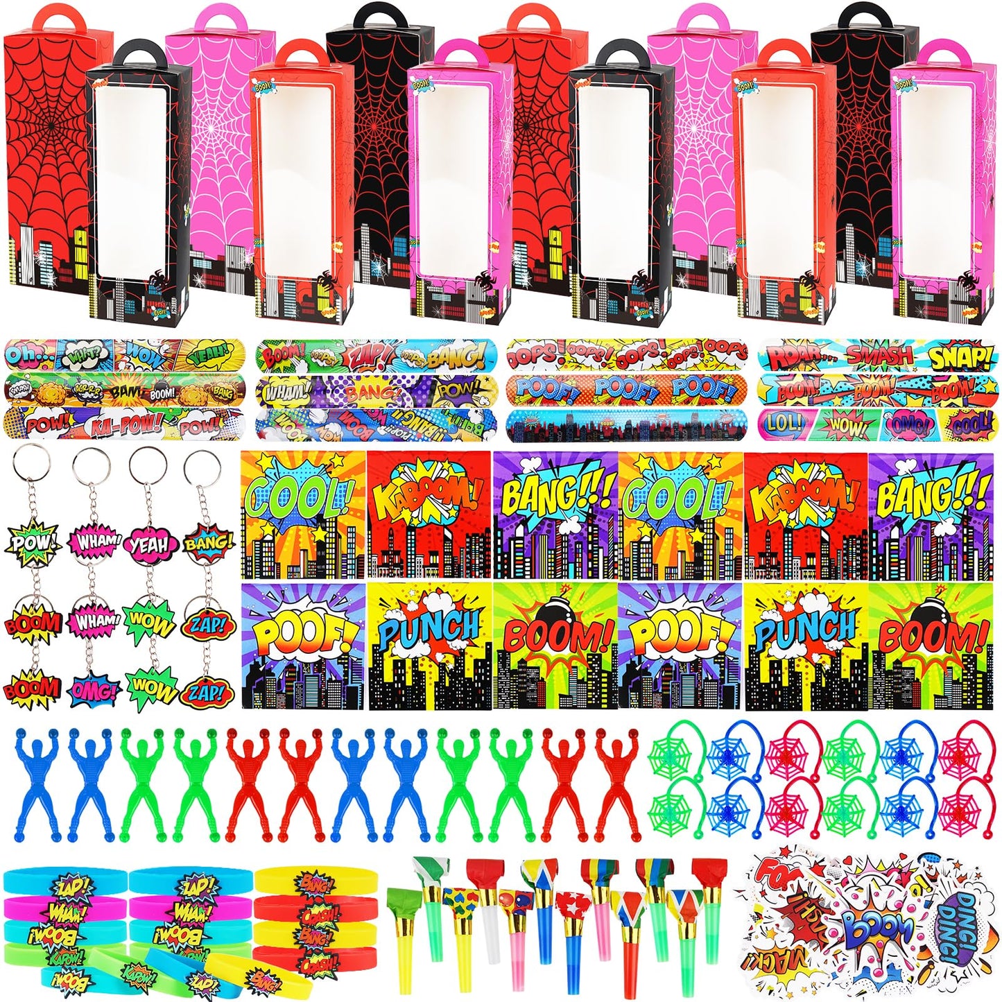 146Pcs Hero Party Favors for Kids, Goodie Box Stuffers Include Mini Notebooks Slap Bracelets Keychain Blowing Dragon Stickers St