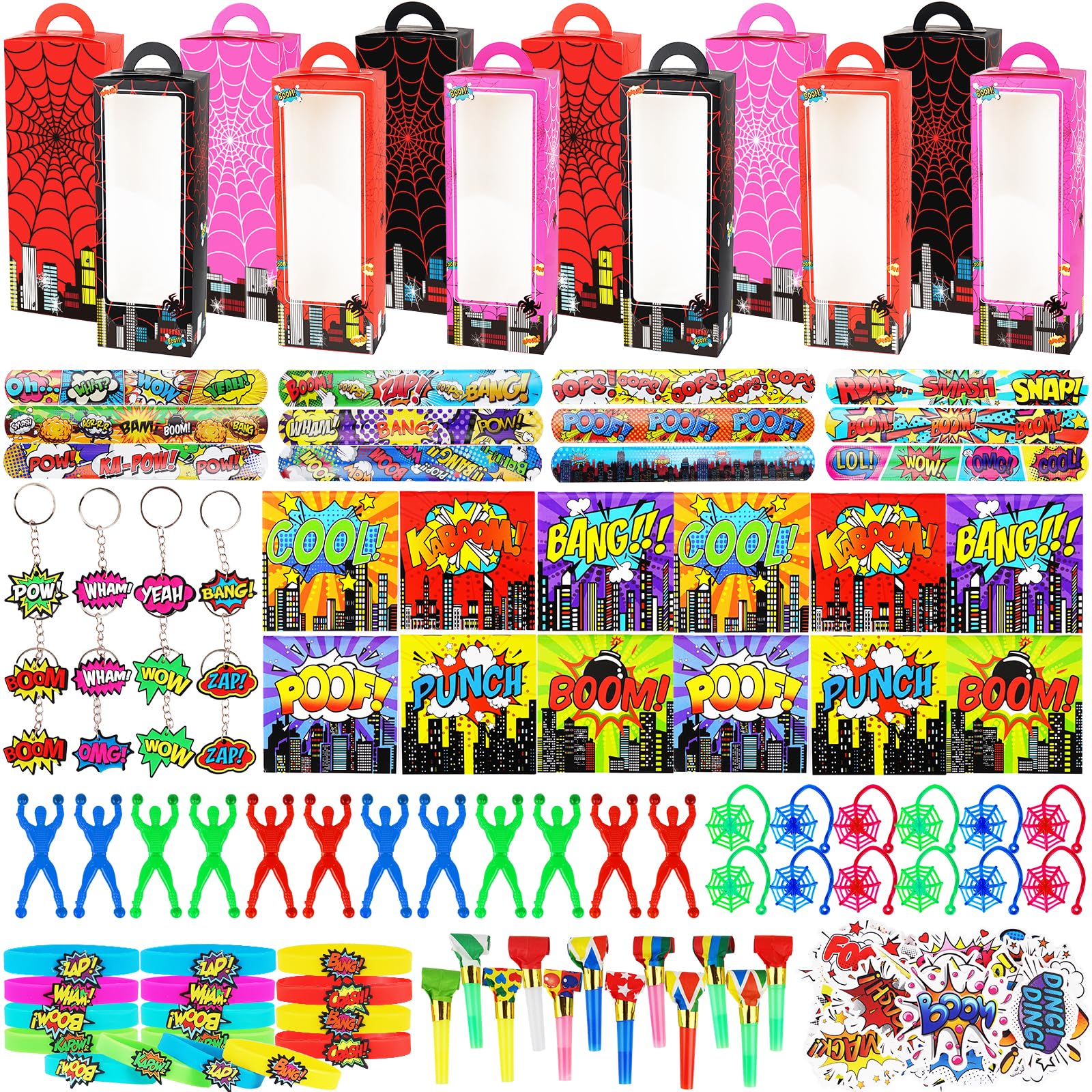 146Pcs Hero Party Favors for Kids, Goodie Box Stuffers Include Mini Notebooks Slap Bracelets Keychain Blowing Dragon Stickers St