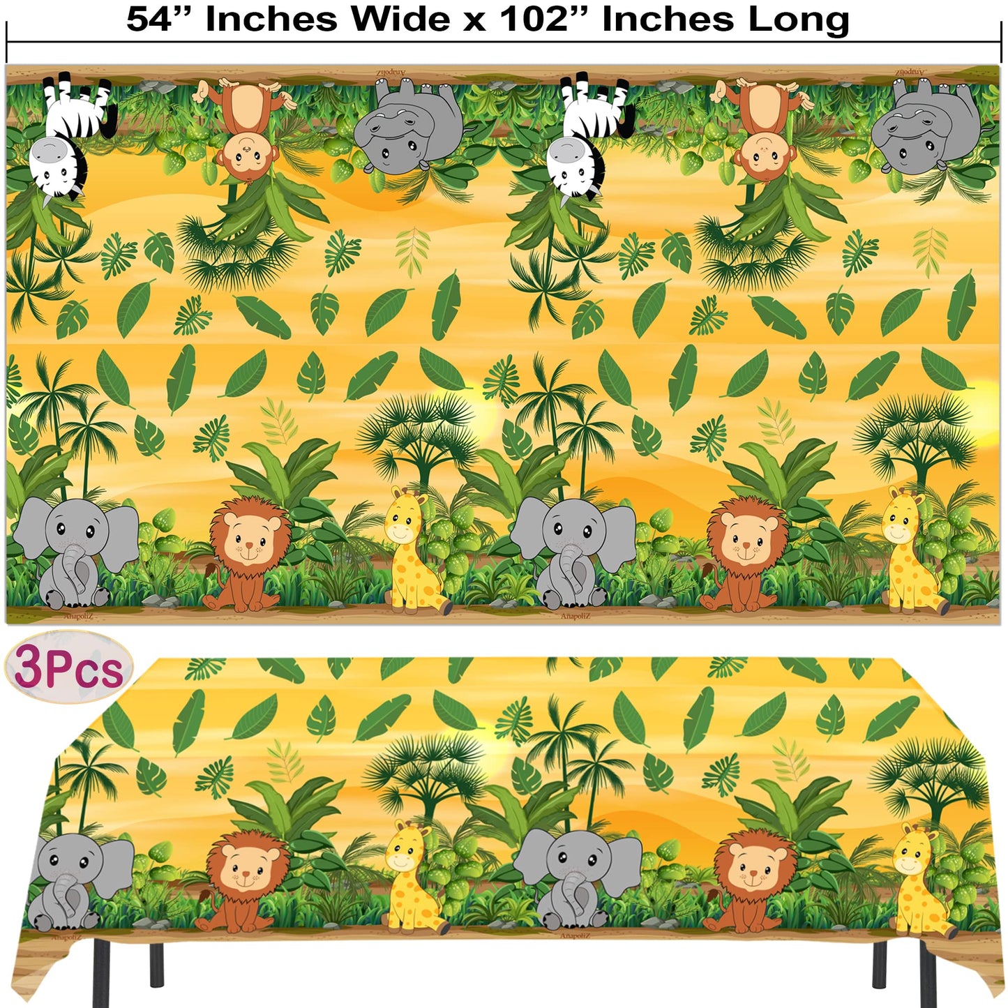 AnapoliZ Jungle Animal Tablecloth | 3 Pcs Pack 54 Wide x 102 Long | Plastic Safari Animal Table Cover | Zoo, Jungle Party Deco