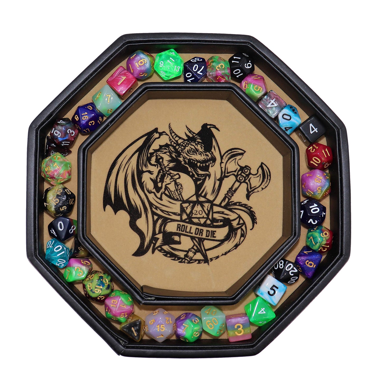 Fantasydice-Chromatic Dragon -with Roll or Die Artwork Dice Tray - 8'' Octagon with Lid and Dice Staging Area- Holds 5 Sets of D