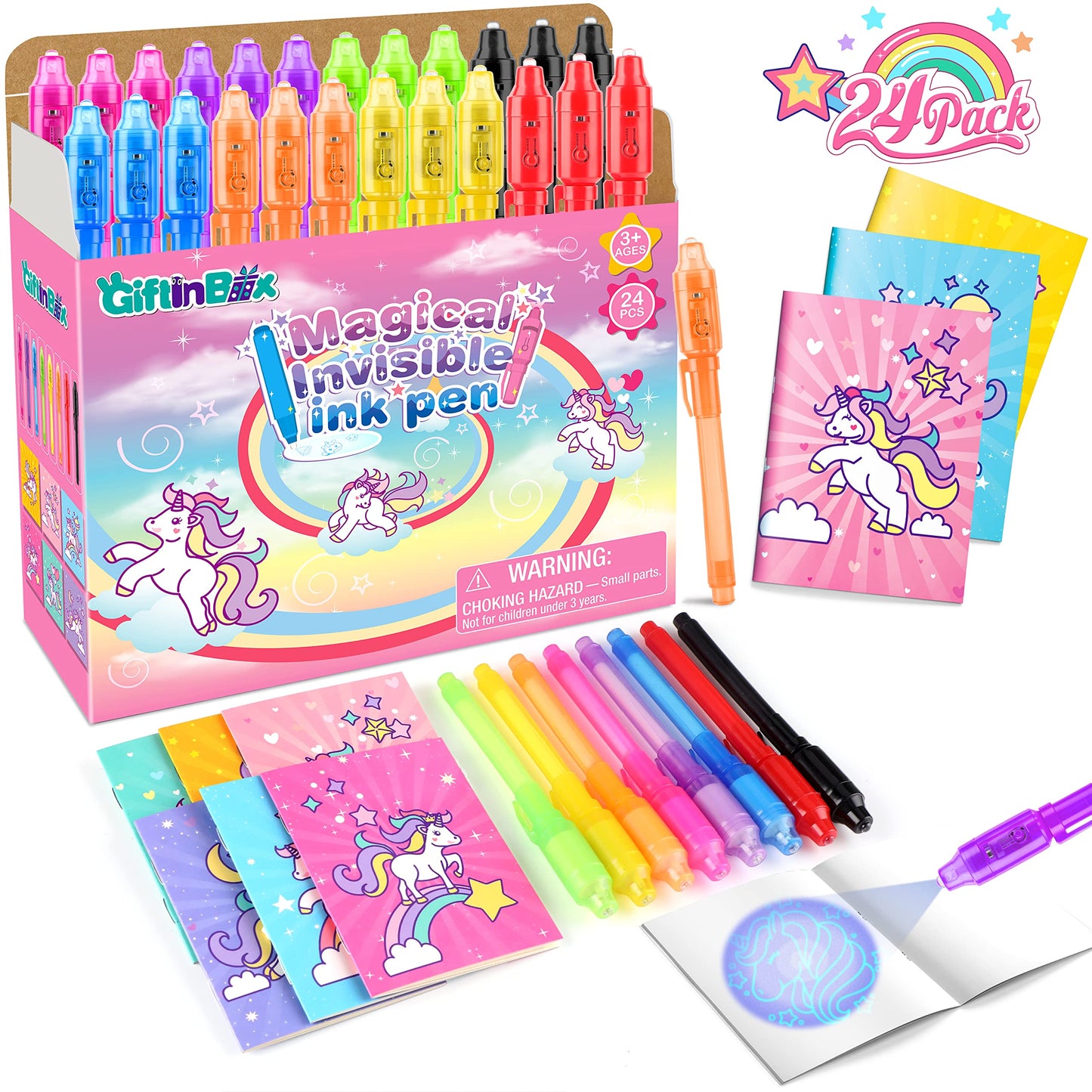 Giftinbox Unicorn Party Favors For Kids 4-8, 24Pack Invisible Ink Pen And Notebook, Invisible Ink Spy Pen With Uv Light For Kids, Classroom Prize Goodie Bag Stuffers Unicorn Toys For Kids Girls