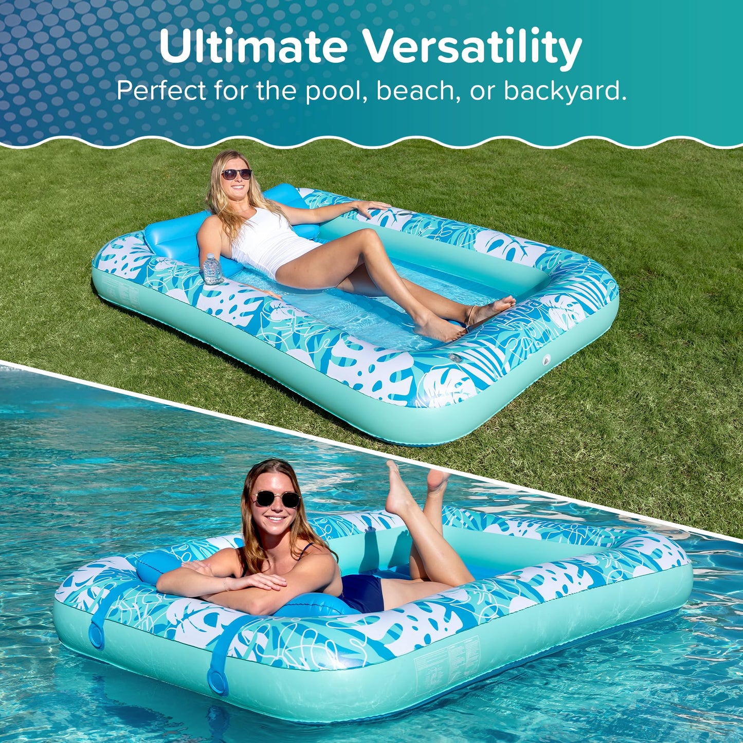 Aqua Inflatable Tanning Pool Lounger - Extra Large (80 x 56 in) - enhanced Pool Float with Cupholders and Removeable Pillow for Relaxation and Fun  Teal Palms Pattern