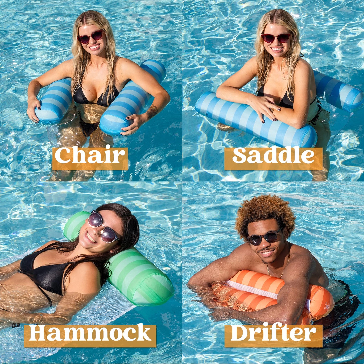 Sloosh 3 Pack Multi Purpose Swimming Pool Hck  Inflatable Pool Float Hck for Outdoor  Pool  Beach  Water Hck Lounges Pool Accessories (Saddle  Lounge Chair  Hck  Drifter)