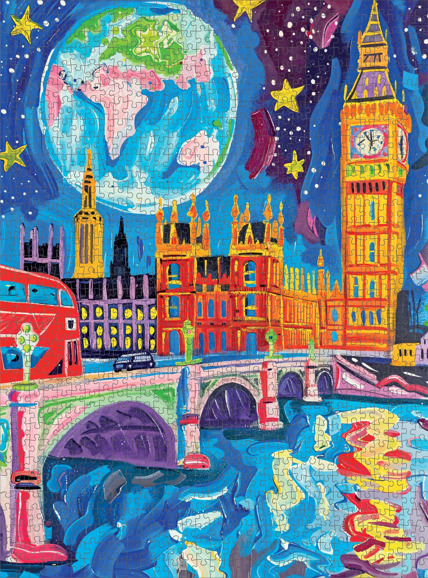 Cross & Glory - Starry Night In London - 1000 Piece Jigsaw Puzzle | Vibrant Art Of Big Ben & Red Double Decker