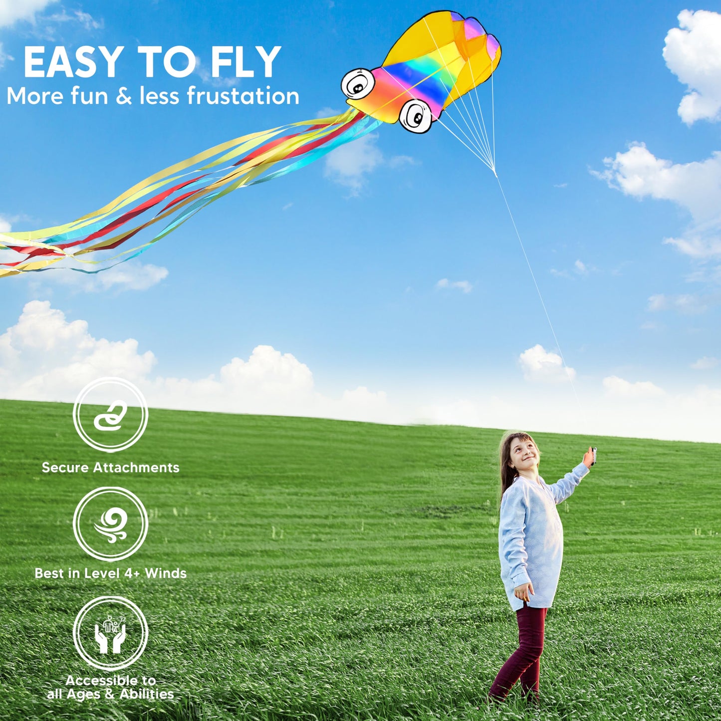 SYNCFUN Large Kite in The Rainbow Octopus- Easy-Fly Design for Kids and Adults with 328ft Line, Giant Beach Kites for Outdoor Fu