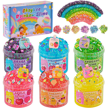 Okaybee 6 Pack Bingsu Crunchy Slime Kit, Rainbow Slime For Kids, With Cute Slime Charms & Add-Ins, Slime Party Favors Sensory To