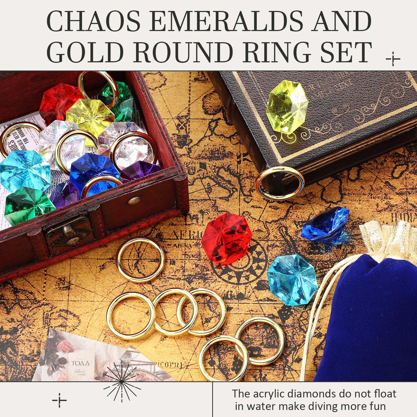 Hanaive 28 Pieces Acrylic Diamond Gems Jewels and Alloy Gold Round Ring Set Ring Pirate Treasure Hunting Birthday Party Favor Su