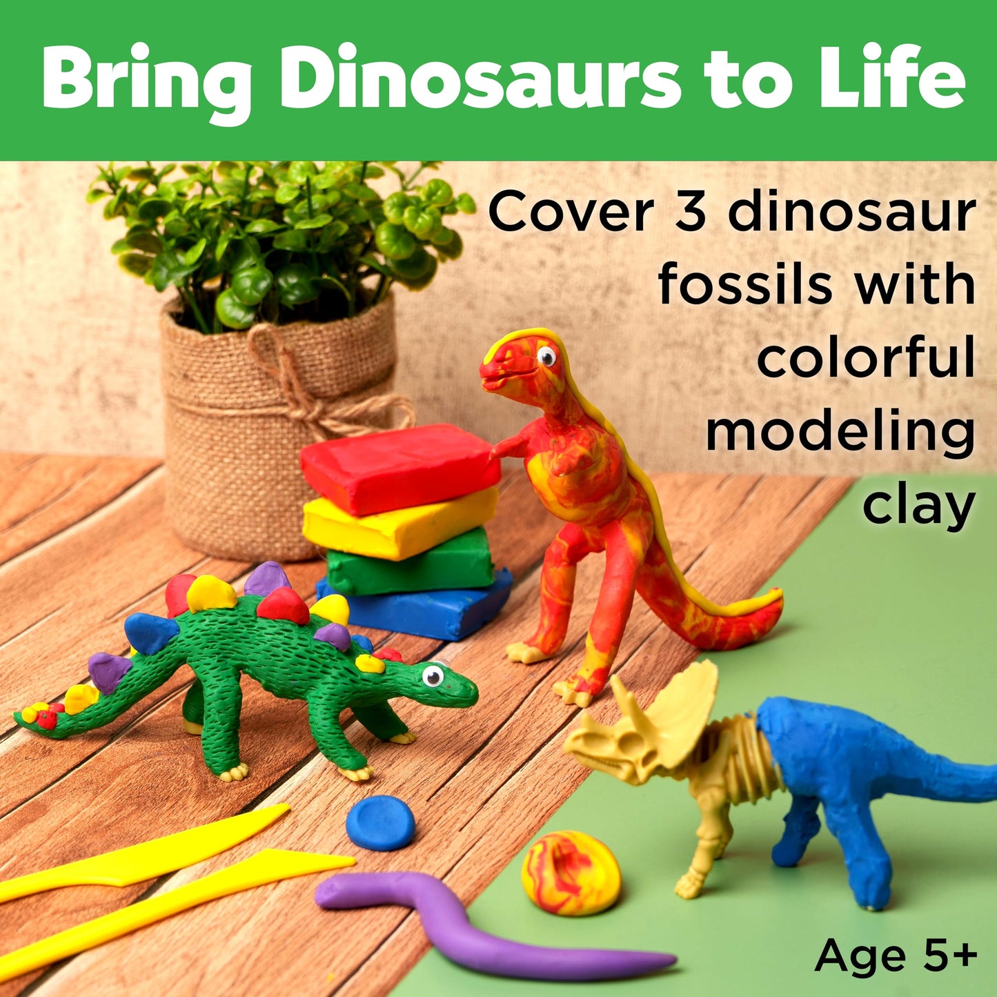 Creativity For Kids Create With Clay Dinosaurs: Craft 3 Dinosaur Toys For Kids Activities, Sensory Craft Kit For Kids Ages 5-8+, Dinosaur Gifts & Kids Toy