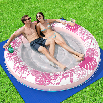 Inflatable Tanning Pool Lounger Float with Protection Tarp  75 x 75 Pool Floats mature-themed with Pillow  6 in 1 Suntan Tub Raft Floatie  Sunbathing Water Lounge Blow Up Pool Kids Ball Pit Party Gifts-Pink