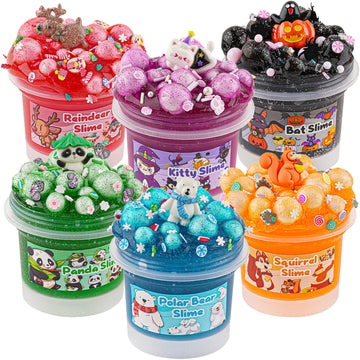 6 Pack Animal Slime Kit, 20 Fl Oz Glitter Slime For Kids, Good Stretchy & Non-Sticky Crunchy Slime Pack, Slime Party Favors Sens