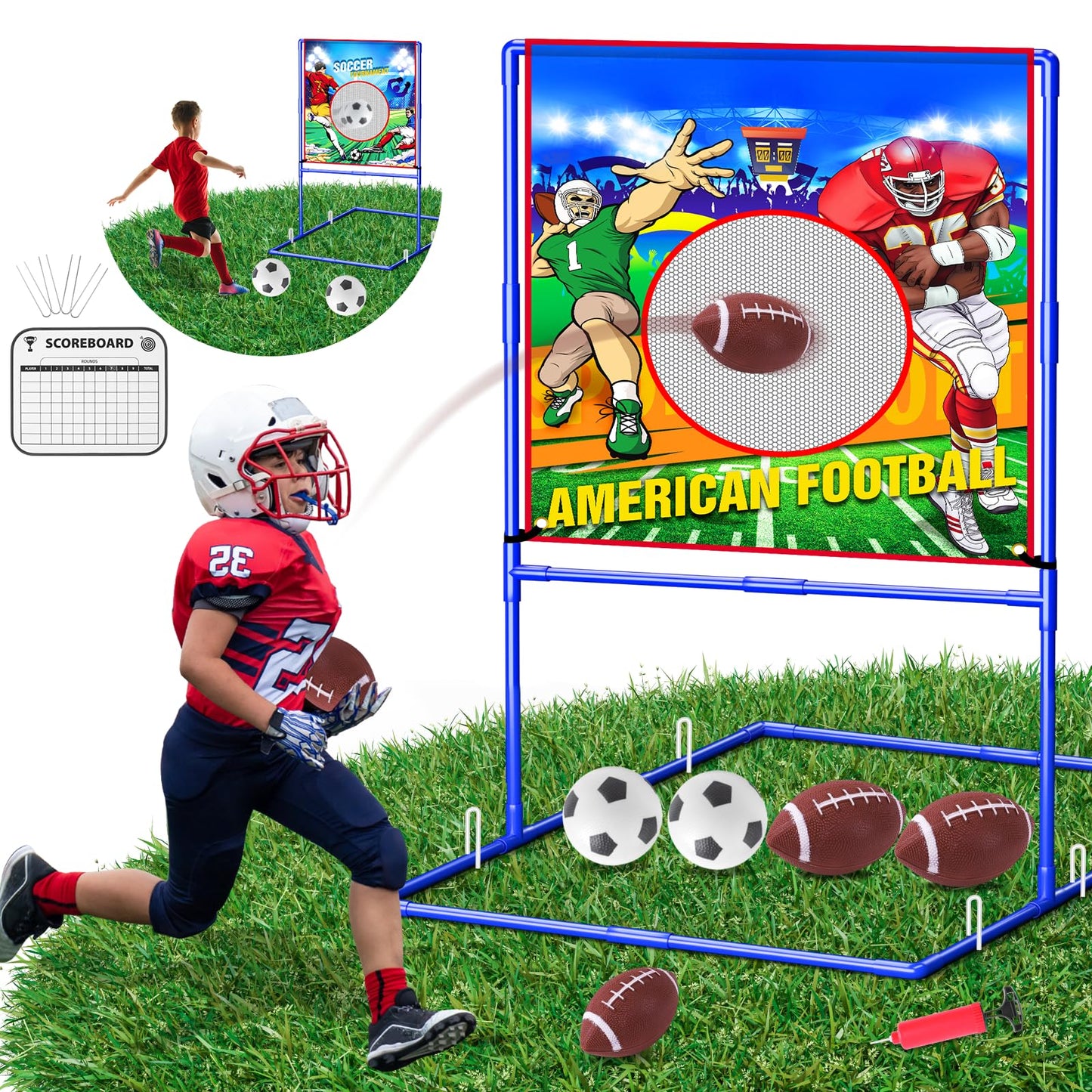 VATOS 2 in 1 Football Toss Target Games and Soccer Toy for Kids  tossing Target Double-Sided Goal with 2 Inflatable Footballs & 2 Soccer Balls  Indoor Outdoor Back to School Activity Toy Gift