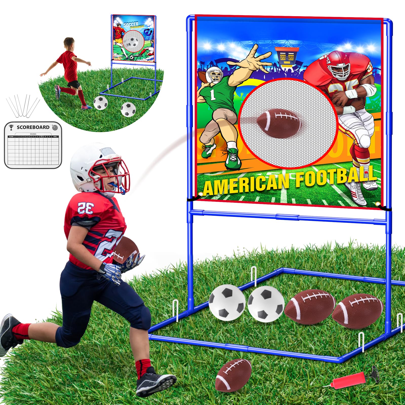 VATOS 2 in 1 Football Toss Target Games and Soccer Toy for Kids  tossing Target Double-Sided Goal with 2 Inflatable Footballs & 2 Soccer Balls  Indoor Outdoor Back to School Activity Toy Gift
