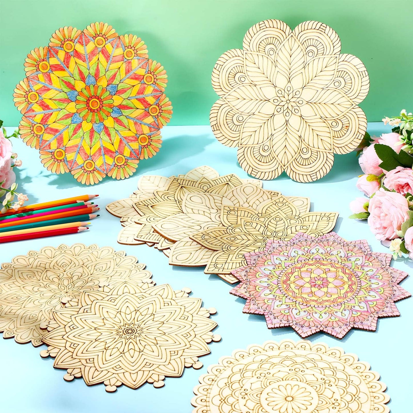 Vercraft 28 Pcs Wooden Mandala Painting Set 10 Mandala Unfinished Wood Cutouts with 18 Colored Pencil for Mandala Making Kit Man