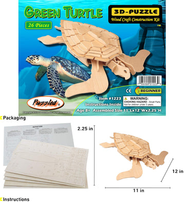 Puzzled 3D Puzzle Green Turtle Model Kit, 26-Piece Wood Craft Construction, DIY Educational Toy, Model 1223