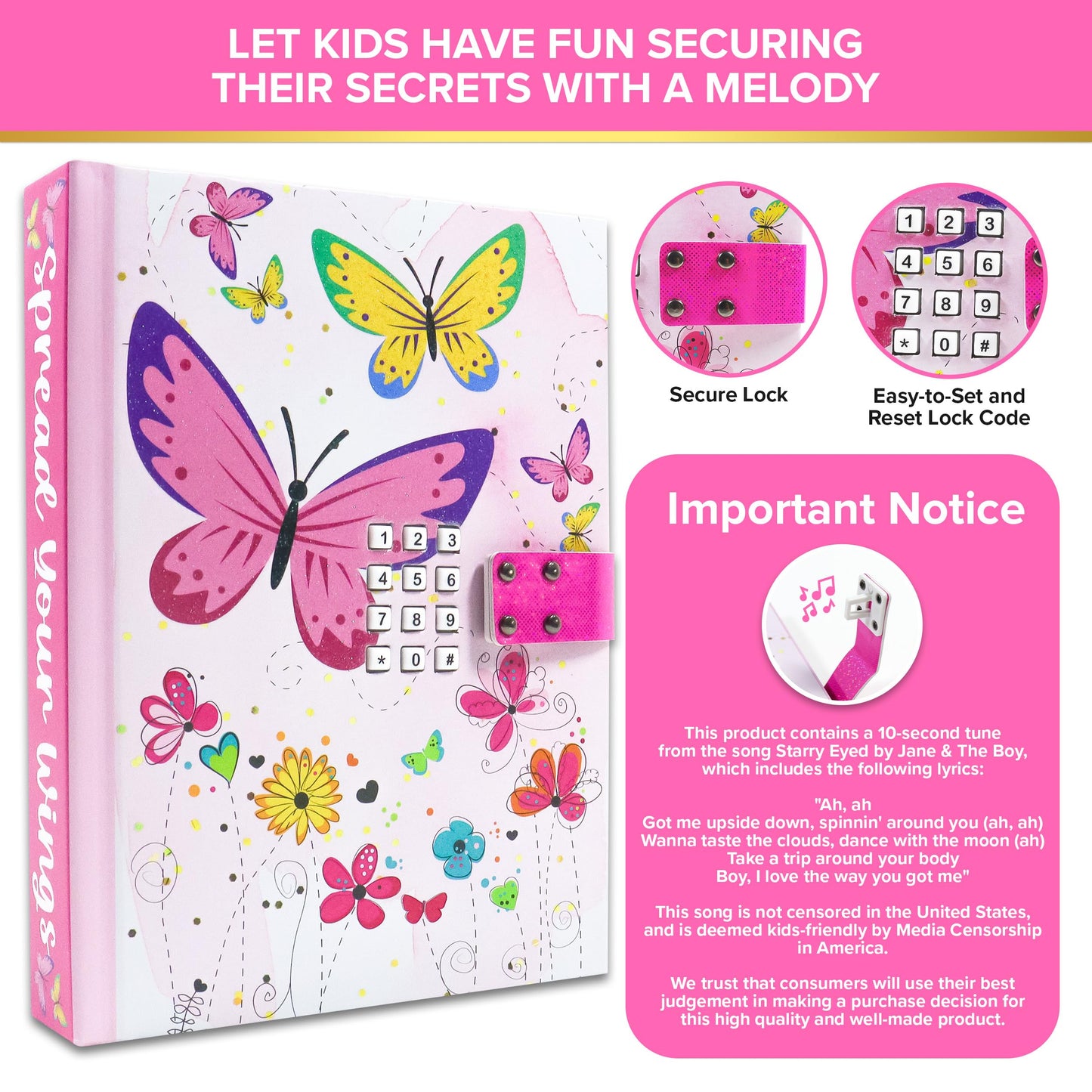 Decorably Glittery A5 Butterfly Diaries For Kids With Lock Code And Music, 80 Sheets Journal For Girls Ages 8-12, Little Girls D