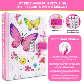 Decorably Glittery A5 Butterfly Diaries For Kids With Lock Code And Music, 80 Sheets Journal For Girls Ages 8-12, Little Girls D