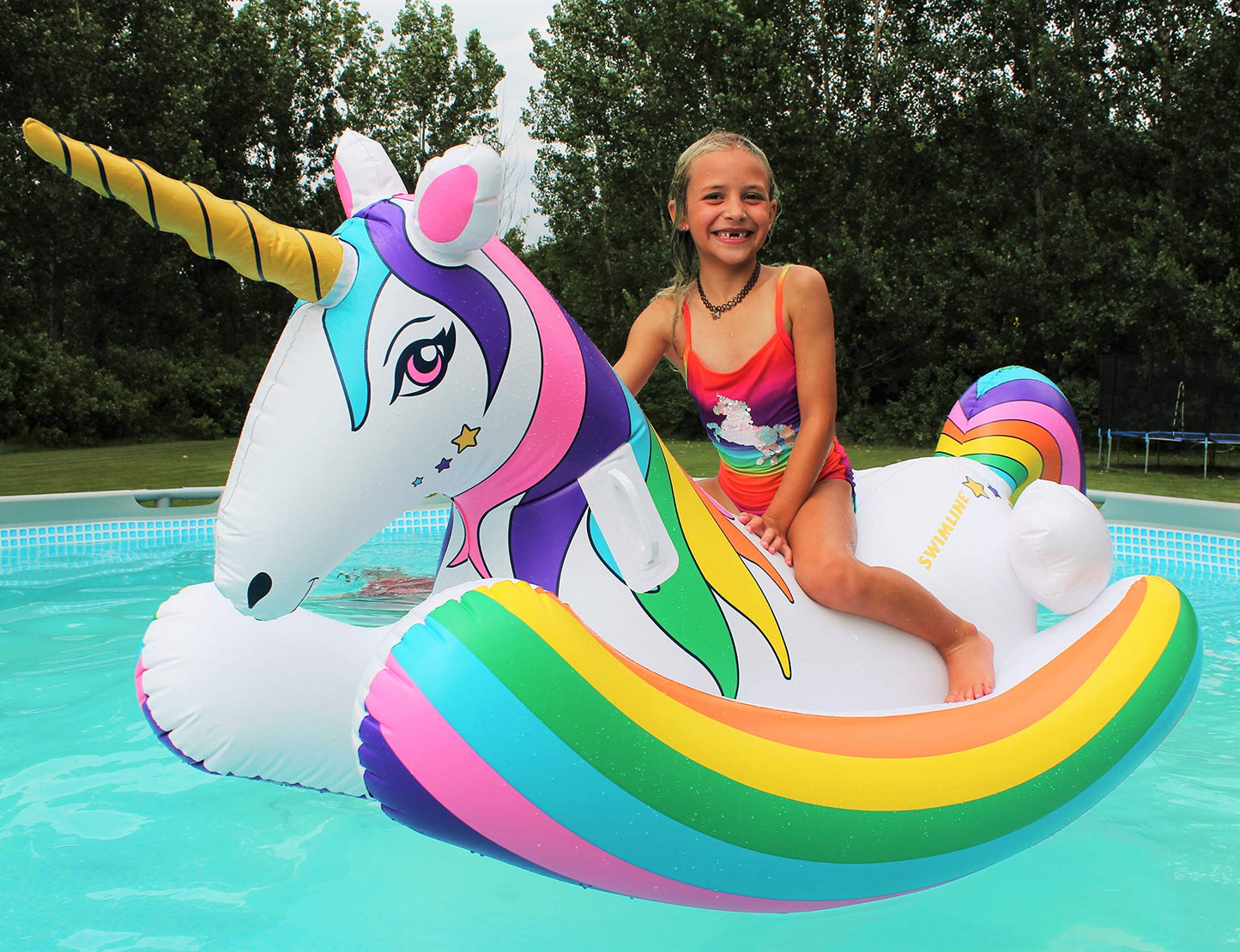 Swimline Rainbow Unicorn Rocking Pool Float Toy - Heavy Duty PVC, 36"W x 48"H, Easy Grab Handles, for Kids & Adults