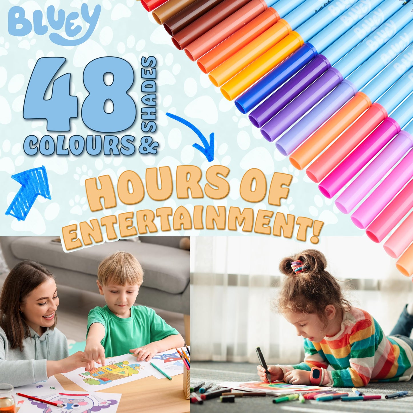 Bluey Colouring Pens 48 Piece Set for Kids - Art Supplies, Washable Felt Tip Markers, Gifts