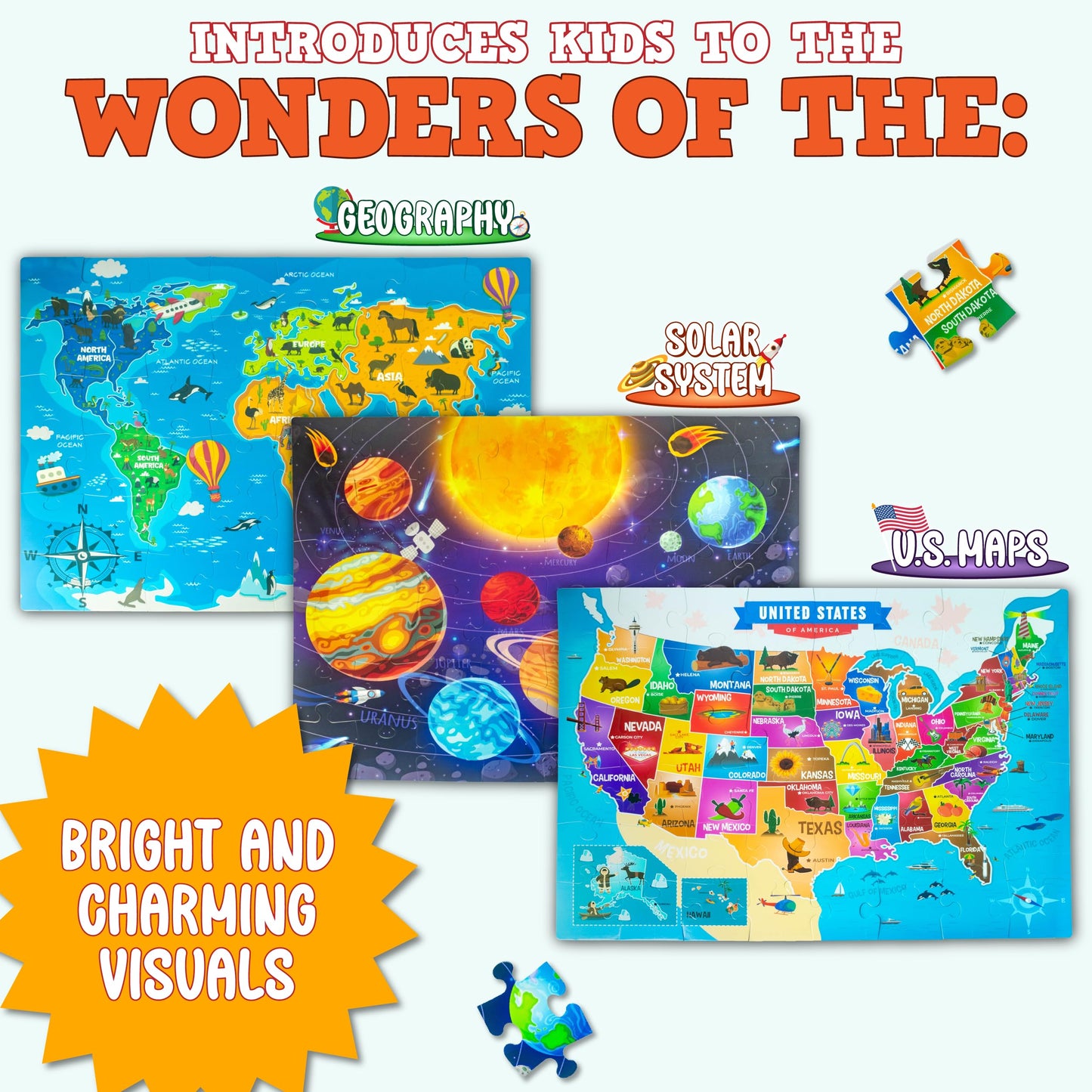 Only Zest Educational Floor Puzzles 3 Pack - World Map Puzzles for Kids Ages 4-8, United States Puzzle & Solar System Set, 48 Ju
