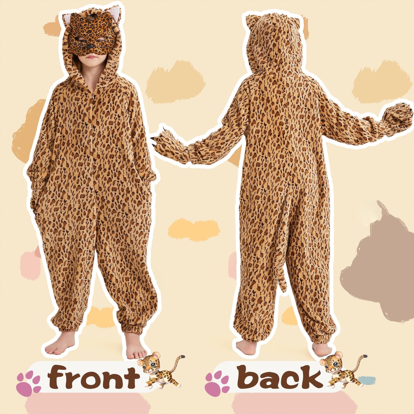 Ezuwail Cheetah Costume Kids Leopard Costume Gloves Mask Cheetah Onesie Bodysuit Cosplay for Girls Boys