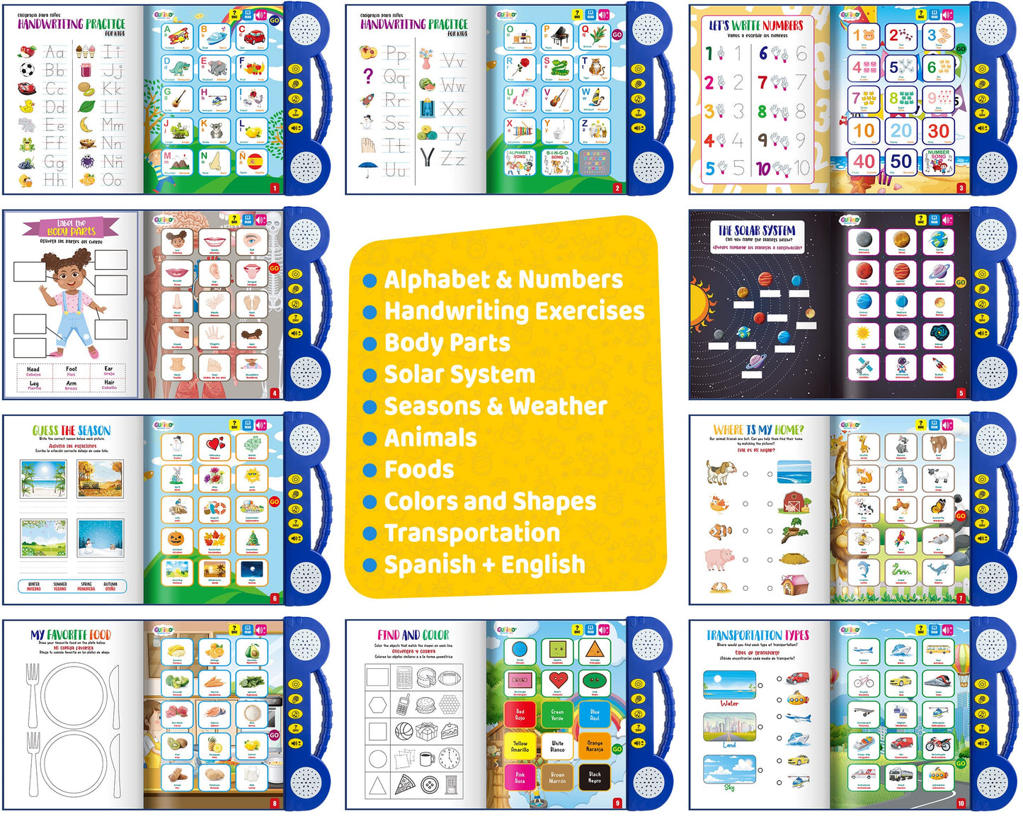 Gufino Bilingual Activity Books For Kids Ages 3-5 - English & Spanish Interactive Workbook Learning Toys: Abcs, Numbers, Shapes,