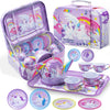 JOYIN Unicorn Tea Party Set for Little Girls, Pretend Purple Tin Teapot Set, Princess Tea Time Play Kitchen Toy with Teapot, Cup