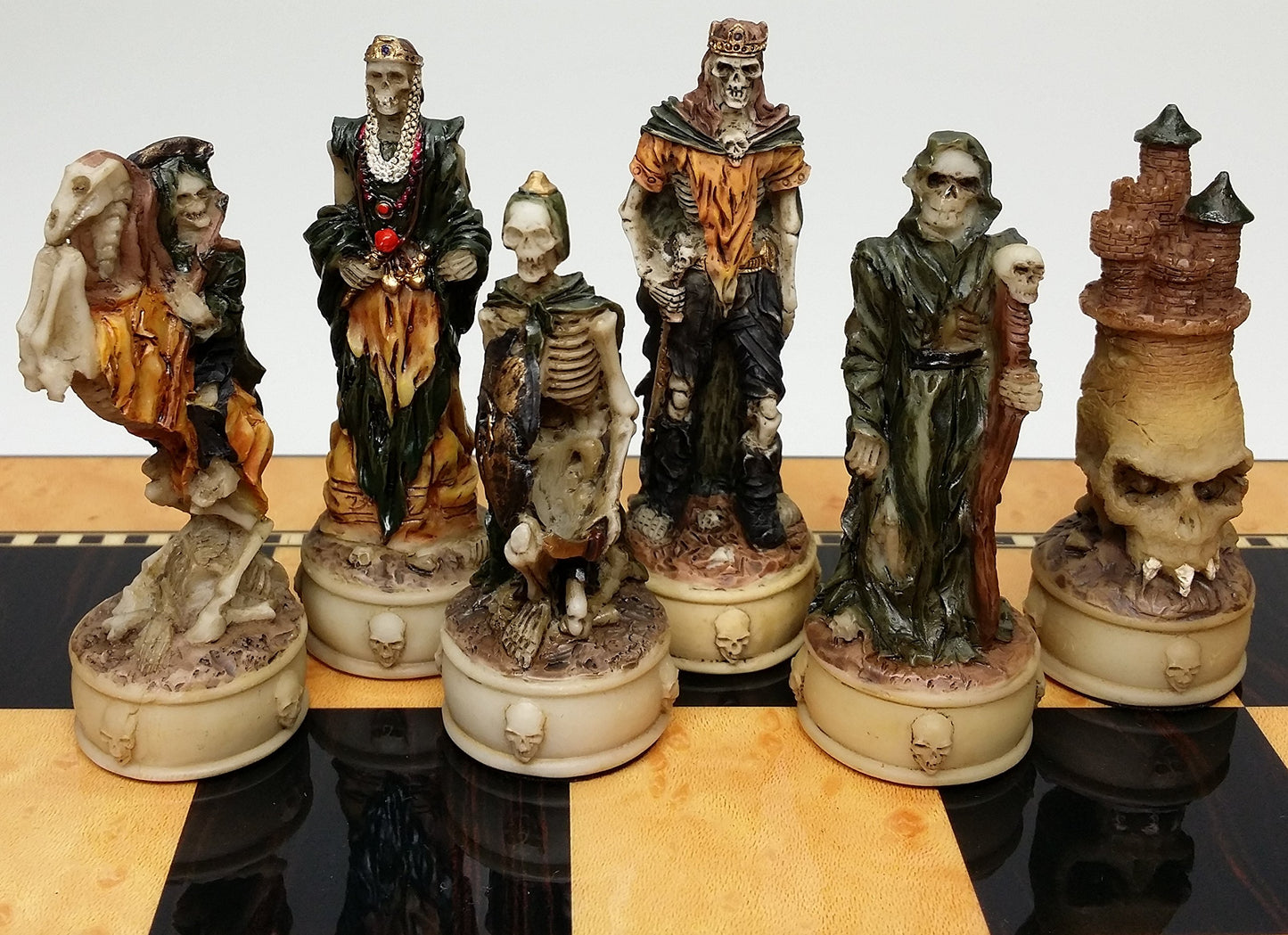Skeleton Slayer Gothic Skull Chess Set W/High Gloss Dark Walnut & Birdseye Maple Color Board