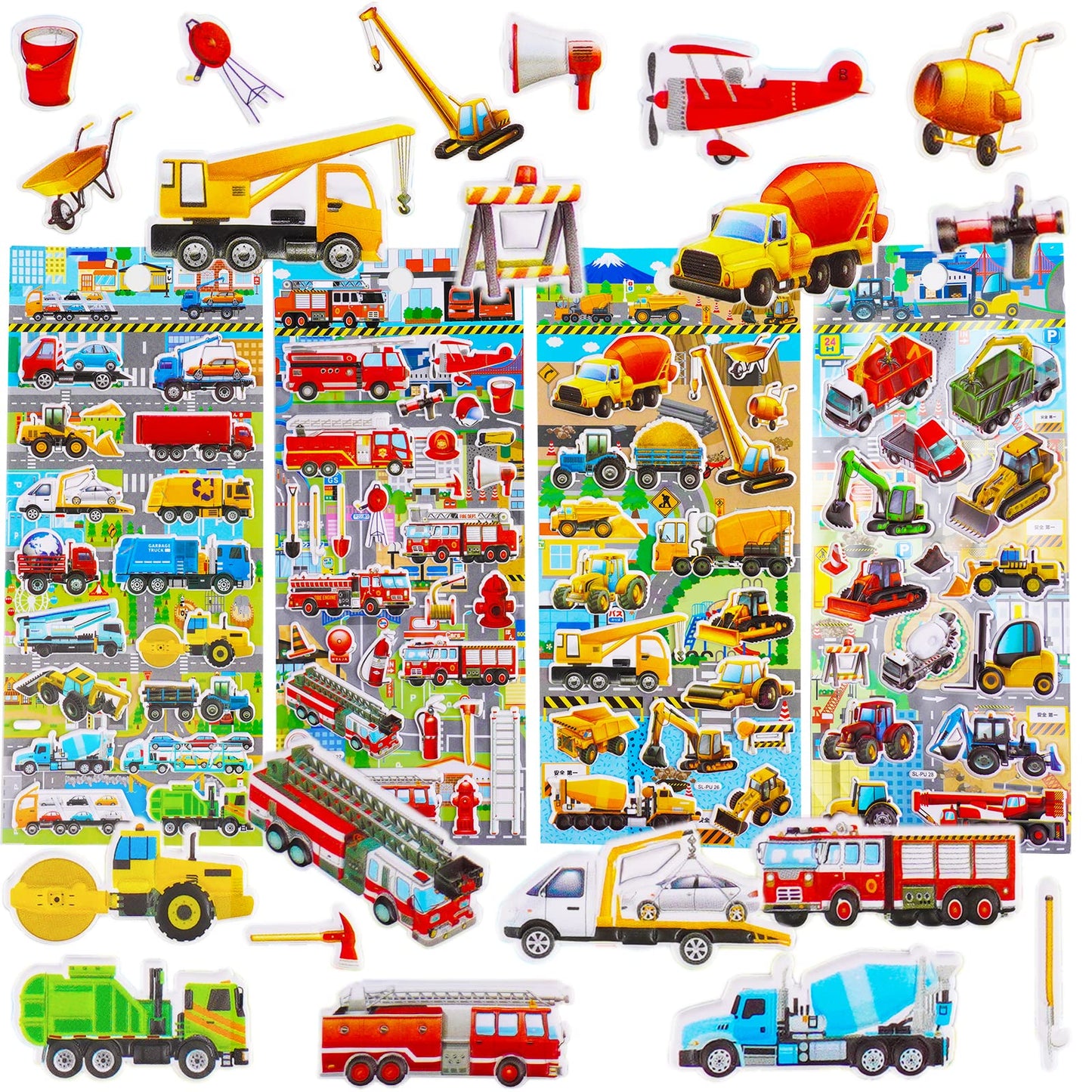 Puffy Truck Stickers For Toddlers Kids Boys Vehicles With Fire Truck Construction Truck Garbage Trash Truck Tractor Digger Bulldozer,3D Foam Car Stickers For Party Favors Potty Training Rewards,Reusable Puff Stickers,4 Sheets.
