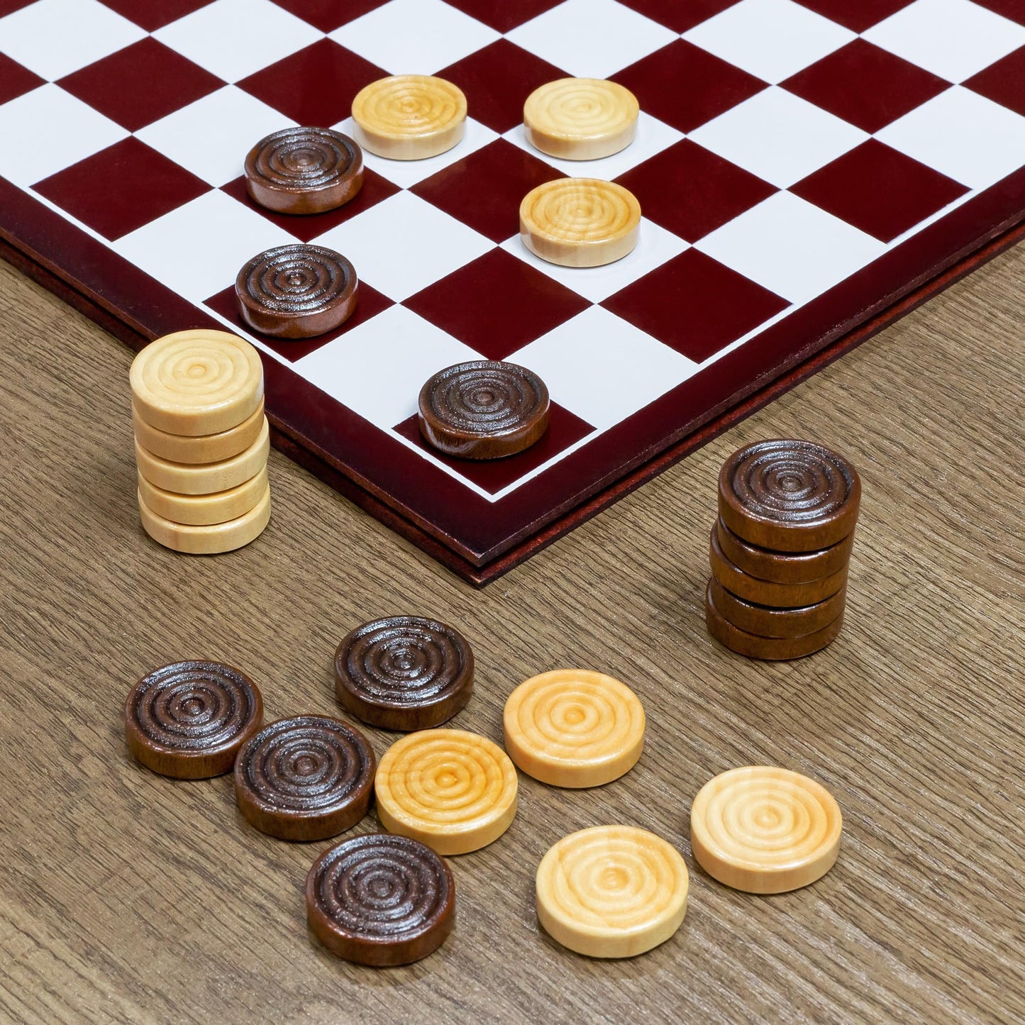 Attatoy Classic Stackable Wooden Checkers In Natural Wood Color (24 Pieces); With Drawstring Cloth Storage Bag, 1 1/8 Inch