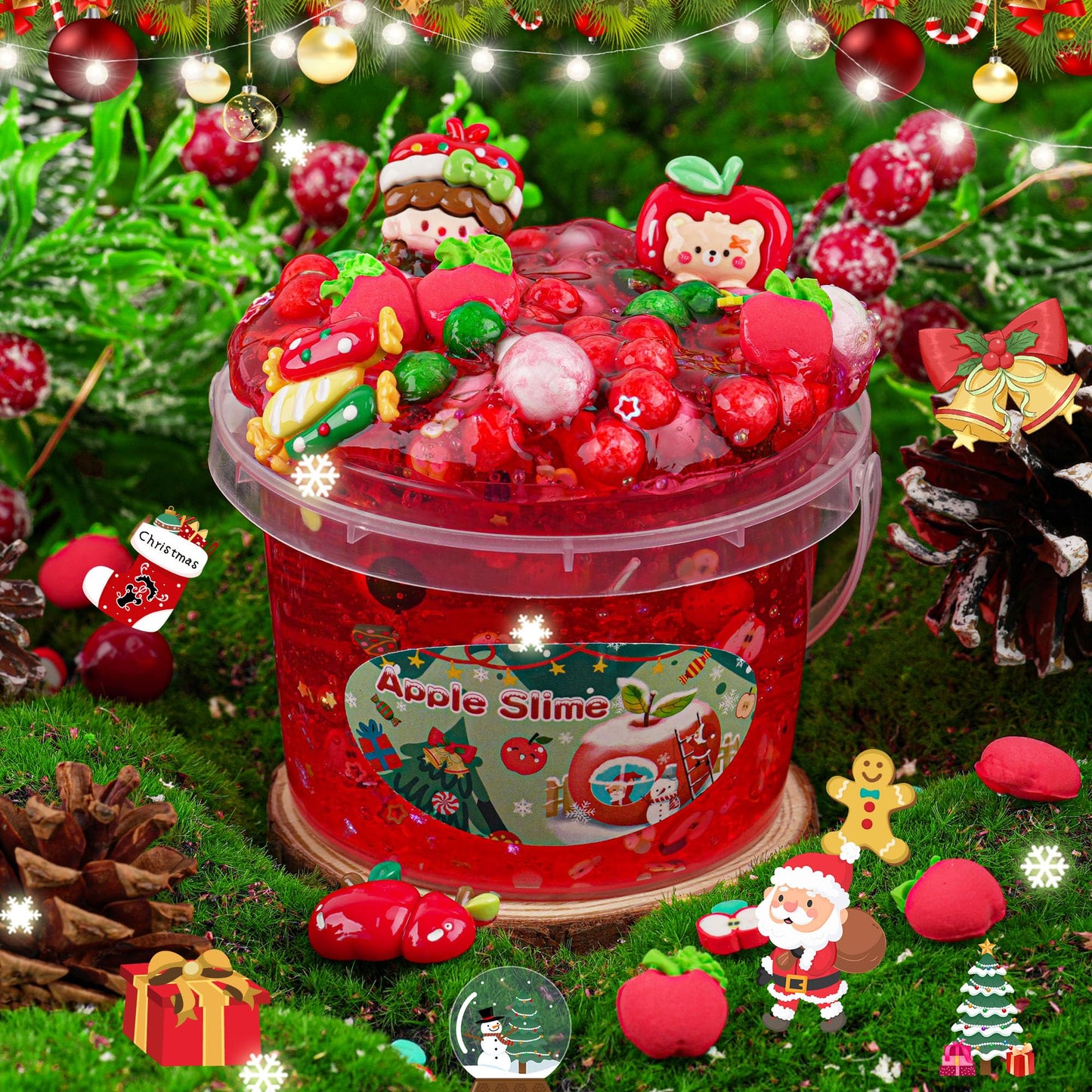 Lawoho 300Ml Apple Slime With Clay, Red Clear Slime Kit For Stocking Stuffers With 9 Packs Slime Add-Ins, Christmas Slime For Kids Party Favors, Slime Kit For Birthday Halloween Christmas Easter Gifts