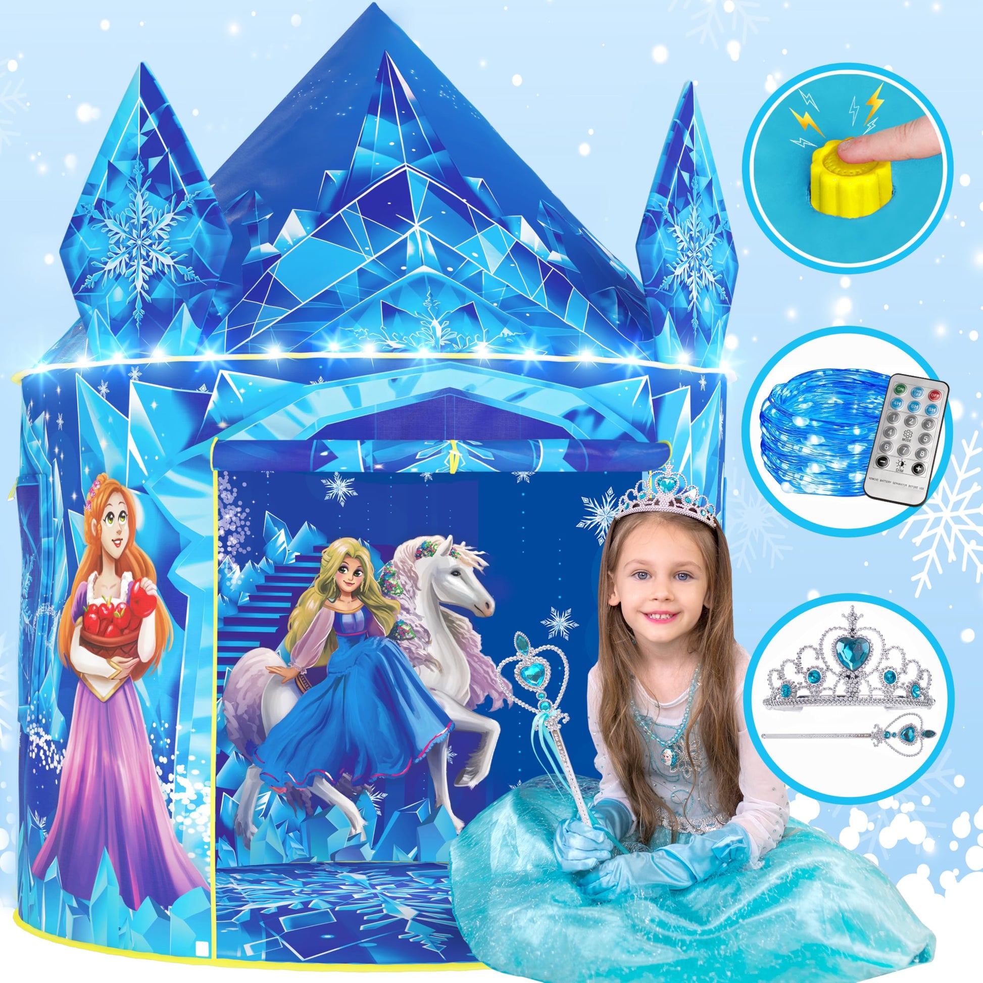 W&O Frozen Princess Tent for Girls with Magic Sound Button  LED Lights  Crown & Wand Set - Frozen Toys for Girls - Kids Tent Indoor - Play Tent for Kids - Castle Playhouse - Princess Toys-New