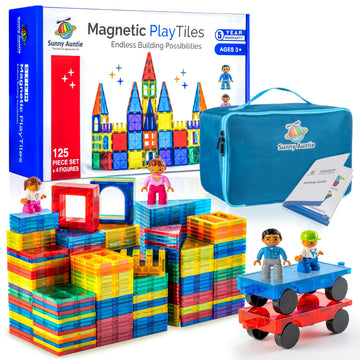 Sunny Auntie Magnetic Tiles 125 Pcs+ Bonus Zippered Case, Magnetic Tiles For Kids Toy For 3 4 5 6 7 8 Year Old Boys & Girls, Magnetic Tiles Building Set, Great Gift For Kids Aged 3-8, Xl Set