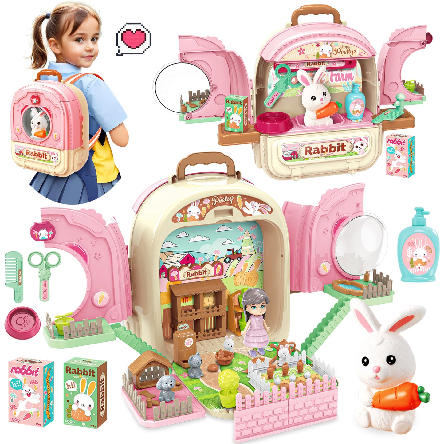 Smilesskiddo Pet Carrier Backpack Toy, 3 In 1 Care Playset, Pretend Play Accessories & Hair Dryer Toy, Rabbit Role Play Set For