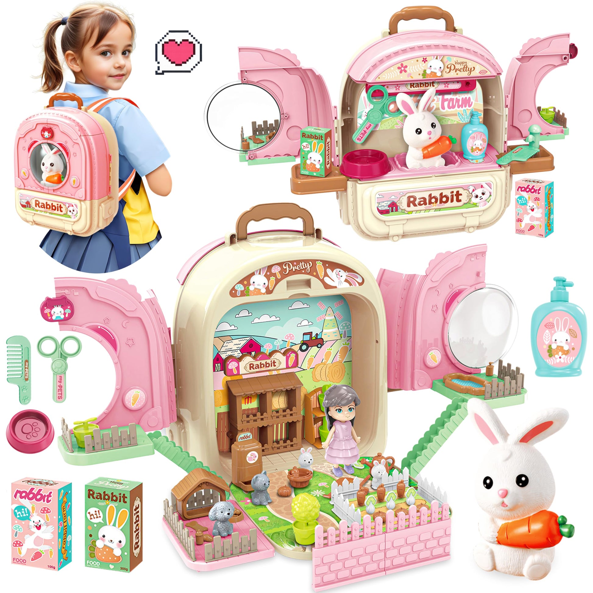 Smilesskiddo Pet Carrier Backpack Toy, 3 In 1 Care Playset, Pretend Play Accessories & Hair Dryer Toy, Rabbit Role Play Set For