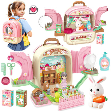 Smilesskiddo Pet Carrier Backpack Toy, 3 In 1 Care Playset, Pretend Play Accessories & Hair Dryer Toy, Rabbit Role Play Set For