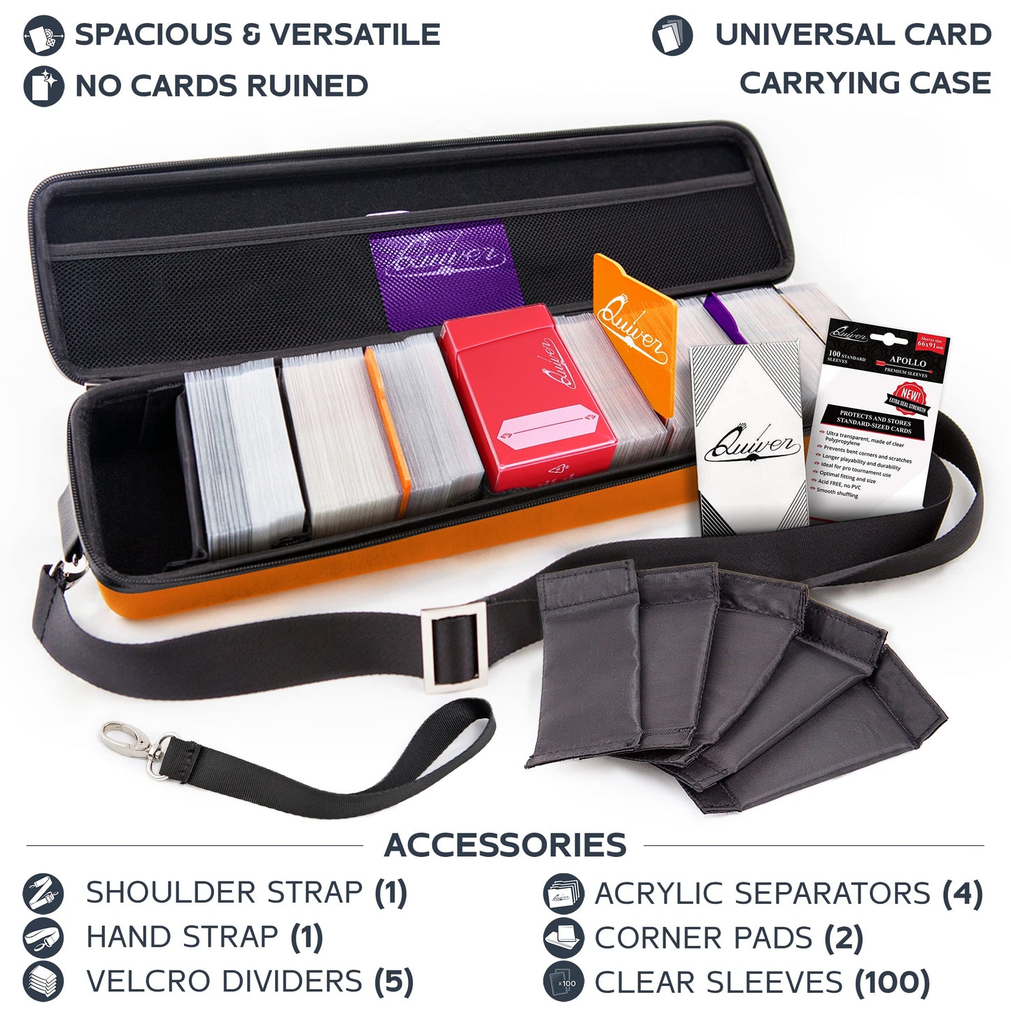Orange Quiver Card Carrying Case - Playing Card Case Holder For Trading Cards, Mtg Card Storage Bag Deck Box Card Case (+Wrist & Shoulder Strap, Dividers & Separators + 100 Apollo Card Sleeves)