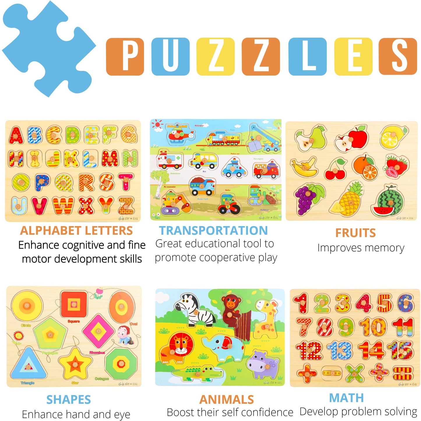 Asher and Olivia Premium Puzzles Set - 7 Pack with Learning Clock, Wood, Includes Alphabet, Numbers, Shapes, Animals, Cars, Fruits