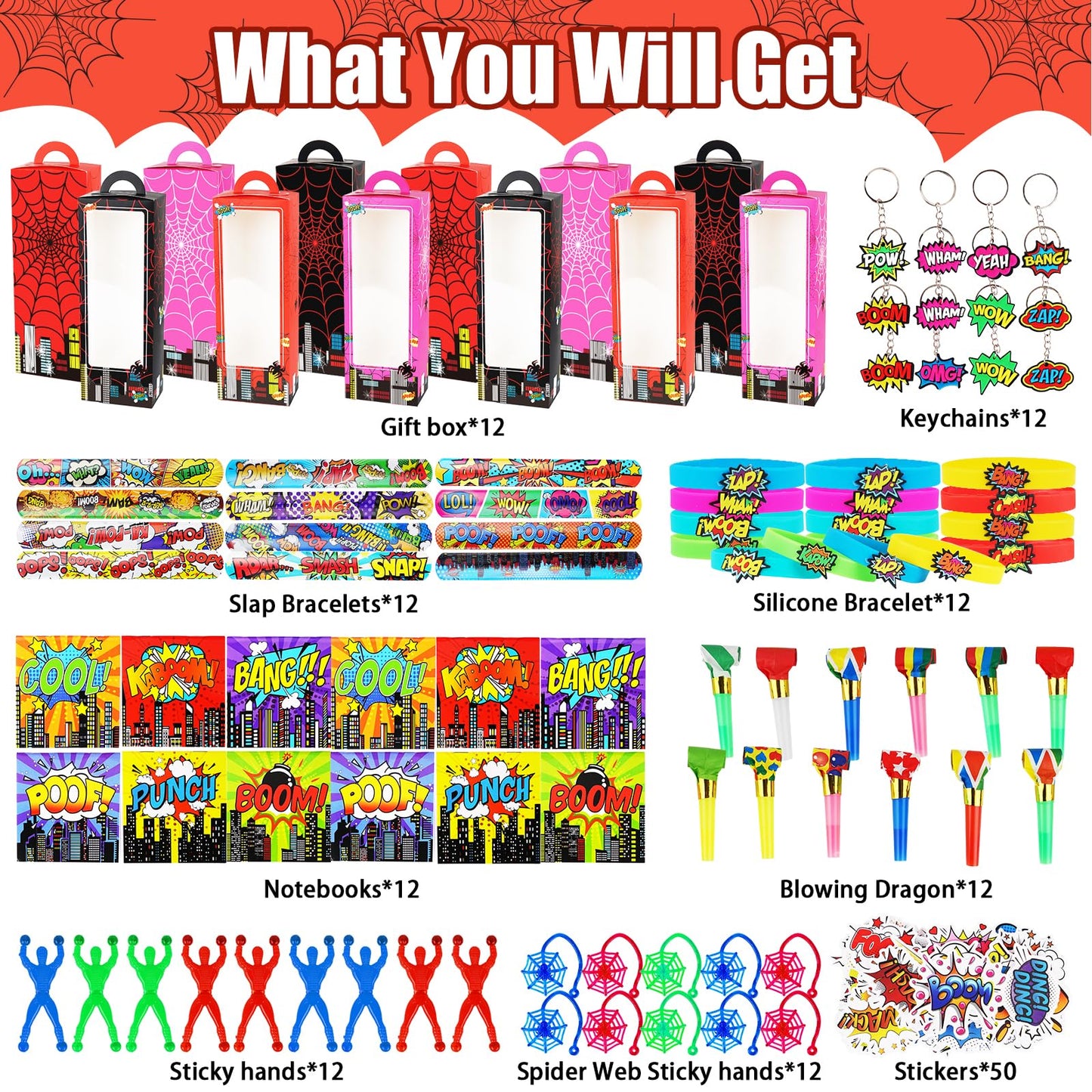 146Pcs Hero Party Favors for Kids, Goodie Box Stuffers Include Mini Notebooks Slap Bracelets Keychain Blowing Dragon Stickers St