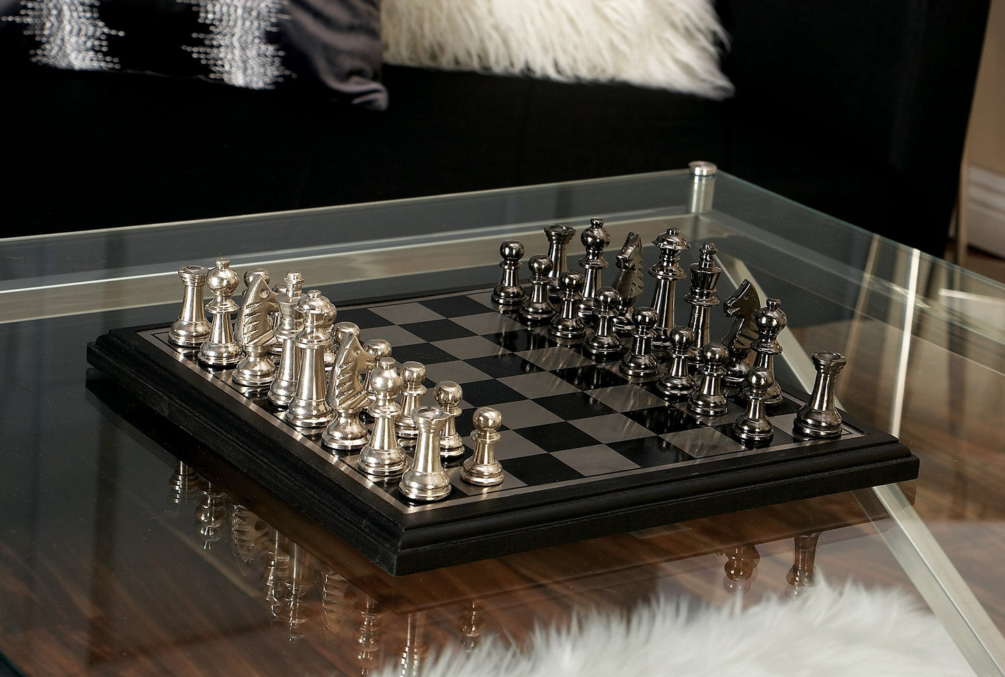 Deco 79 Aluminum Chess Game Set With Black And Silver Pieces, 12' X 12' X 1', Black