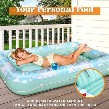Sloosh Inflatable Tanning Pool Lounger Float, 70' X 46' Pool Floats Adult With Pillow, 4 In 1 Suntan Tub Raft Floatie,Sunbathing Bed Lounge For Water Blow Up Kids Ball Pit Party Gifts, L-Cyan White
