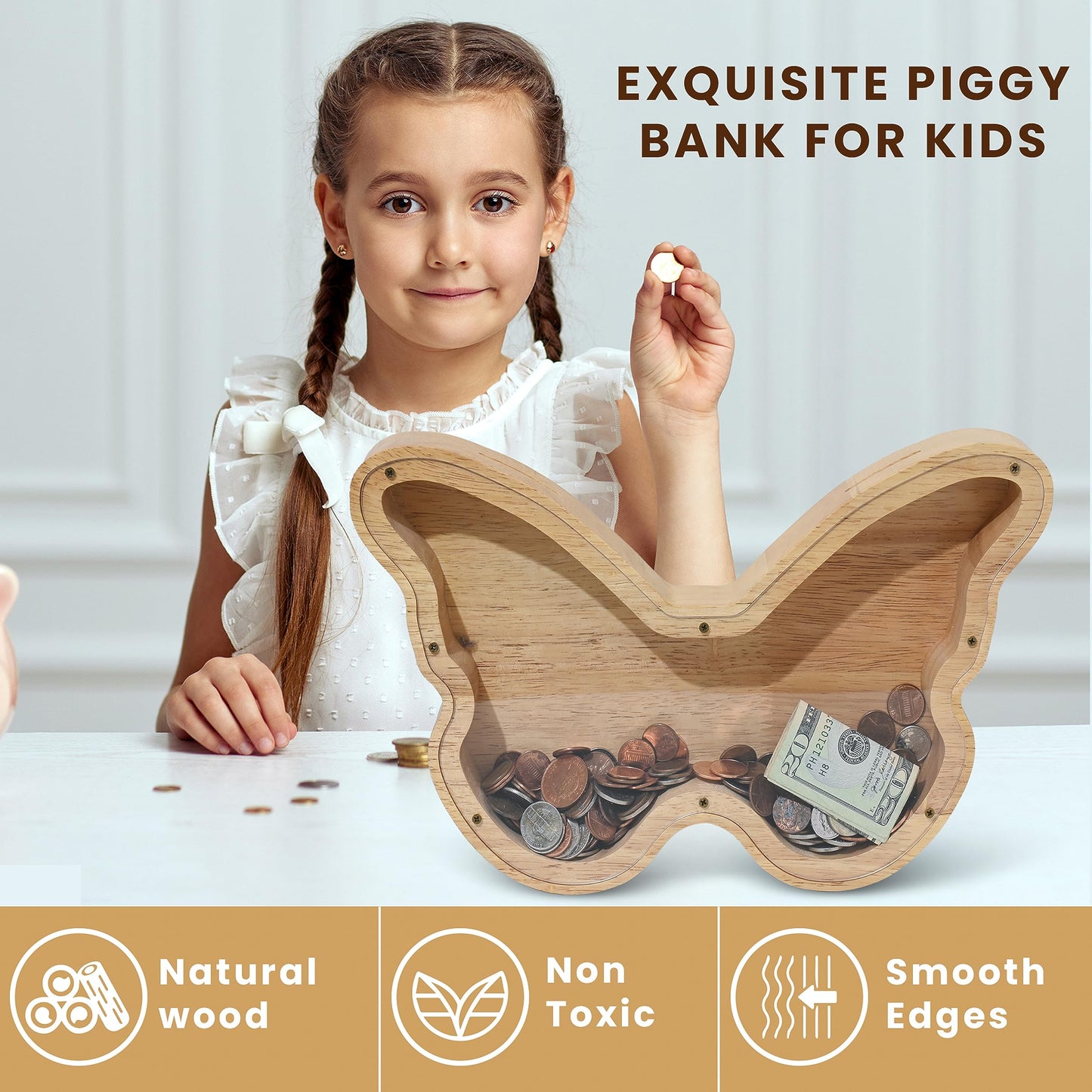 Jimzie Personalized Wooden Butterfly Piggy Bank - Clear Acrylic Butterfly Bank - Includes Letter Stickers - Large Money Bank For