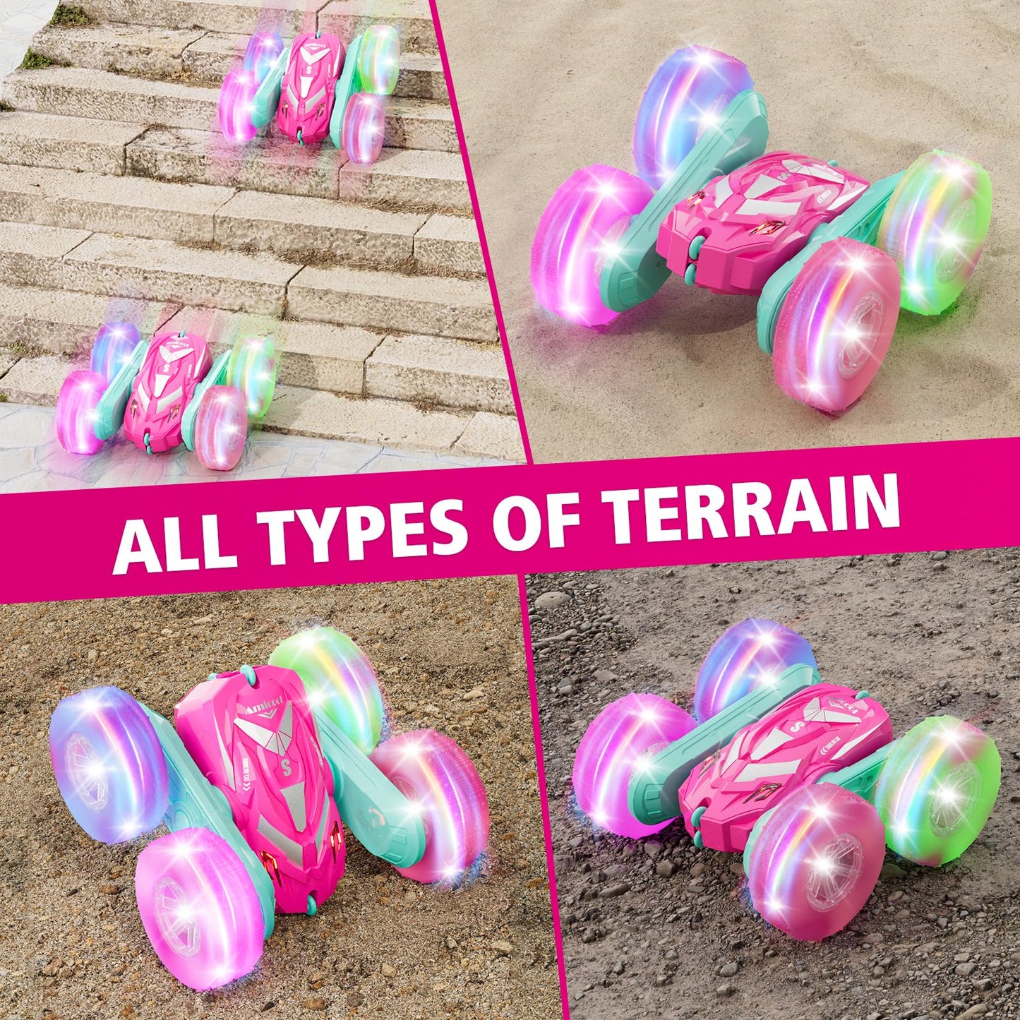 Amicool Remote Control Car for Girls 3-12 with Flashing Light, Toys 4 5 6 7 8 9 Years Old Girl Birthday Gifts Idea, RC Cars Stun