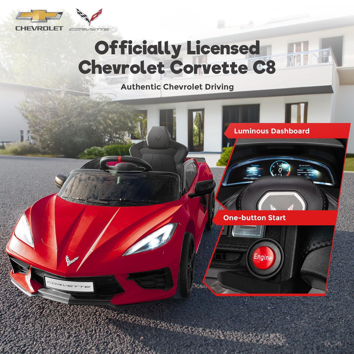 Funtok Licensed Chevrolet Corvette C8 12V Ride On Car, Electric Car W/Remote Control, Led Lights, Shiny Dashboard, 3 Speeds Mode, Soft Start, Bluetooth Speaker, Battery Powered Cars For Kids To Drive