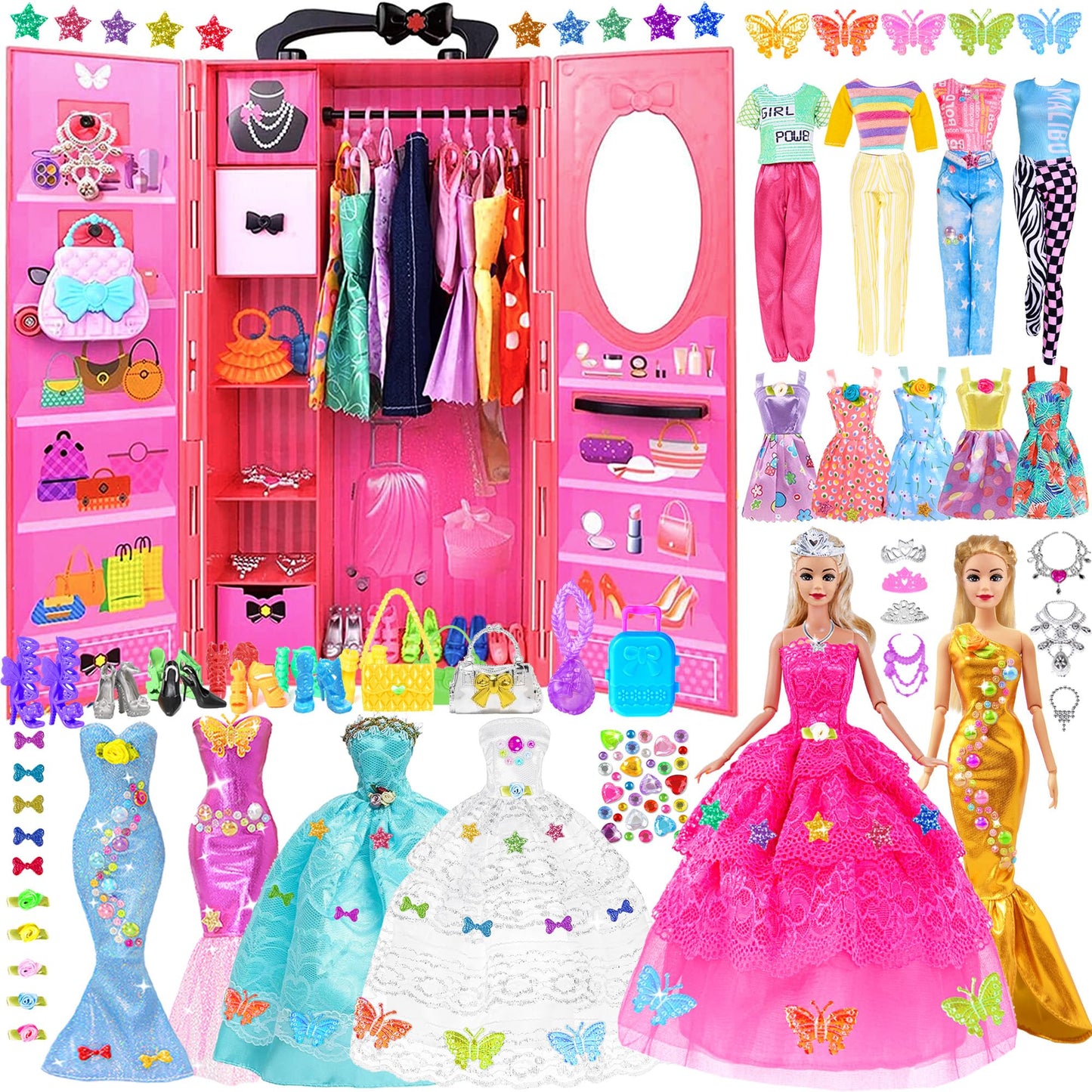 Ibayda 139Pcs 11.5 Inch Girl Doll With Doll Closet Wardrobe Clothes And Accessories Including Doll, Wedding Dress, Outfits, Shoes, Hangers, Bags, Necklaces And Diy Stickers (Include One Doll)