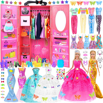 Ibayda 139Pcs 11.5 Inch Girl Doll With Doll Closet Wardrobe Clothes And Accessories Including Doll, Wedding Dress, Outfits, Shoes, Hangers, Bags, Necklaces And Diy Stickers (Include One Doll)
