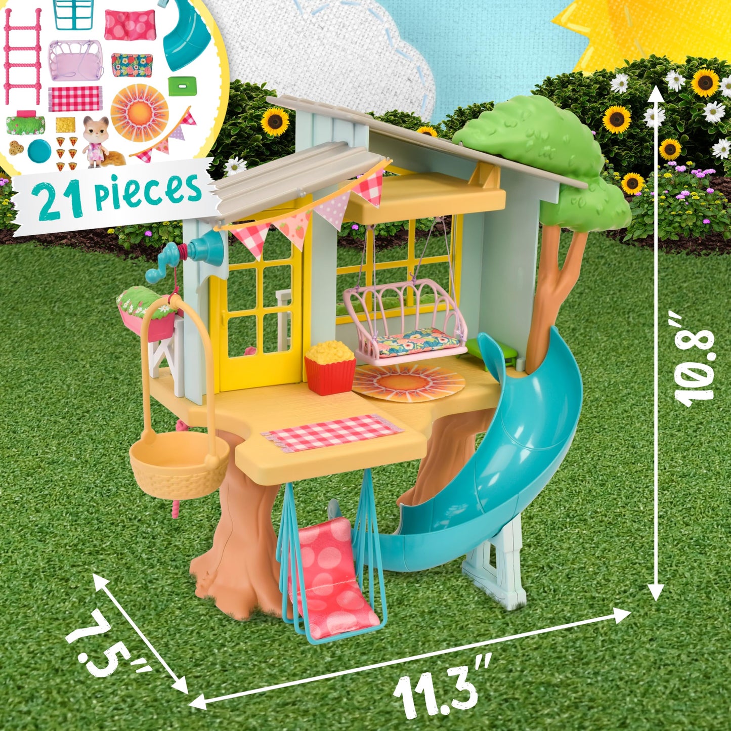 Honey Bee Acres Interactive 2 Story Tree House Playset with limited availability Squirrel Poseable Figure Includes 21 Pieces