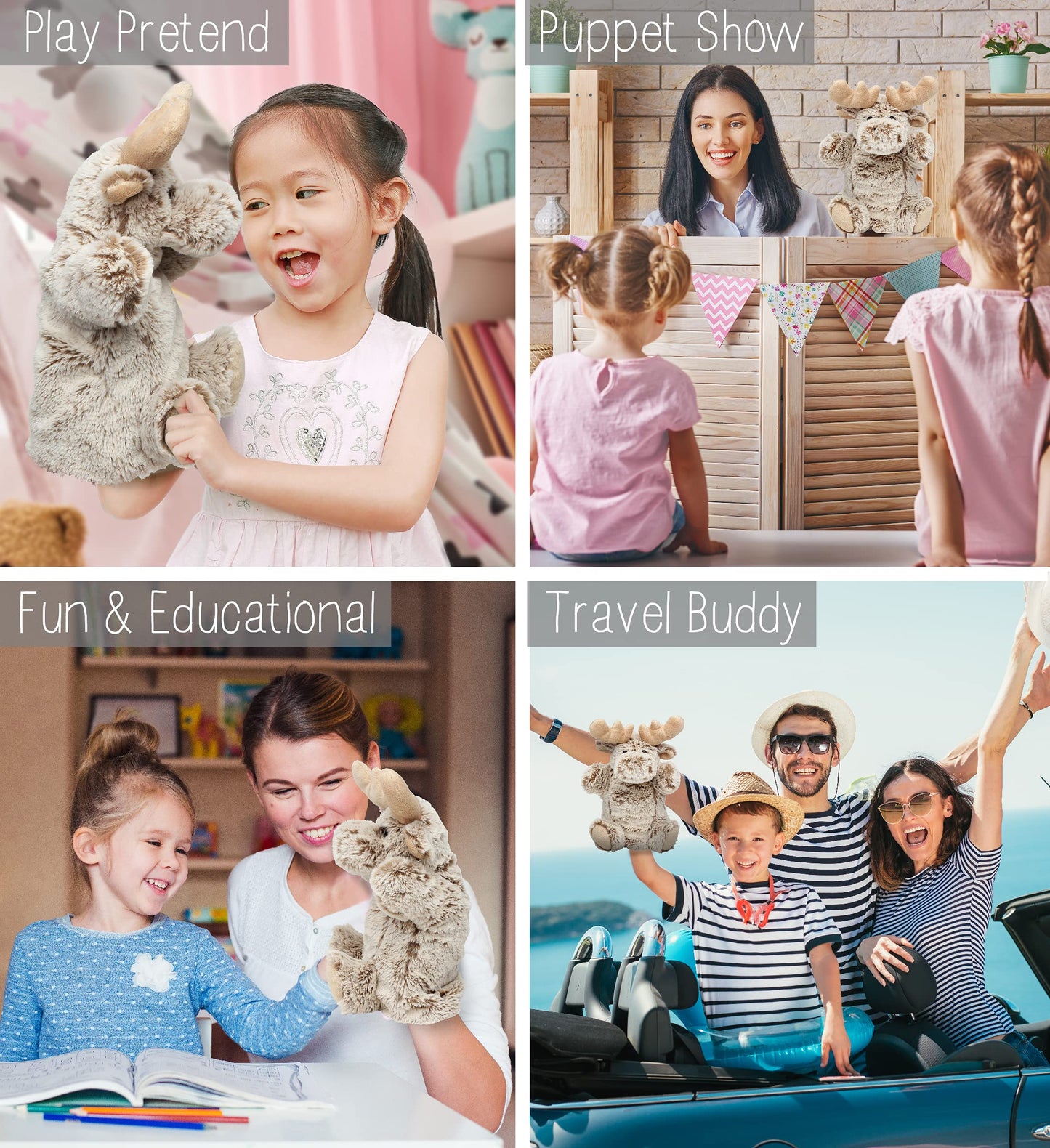 DolliBu Moose Plush Hand Puppet For Kids - Soft Plush Stuffed Animal Hand Puppet Toy for Puppet Show Games & Puppet Theaters for Kids  mature-themed's Cute Puppets Educational Toy to Teach Children & Toddlers