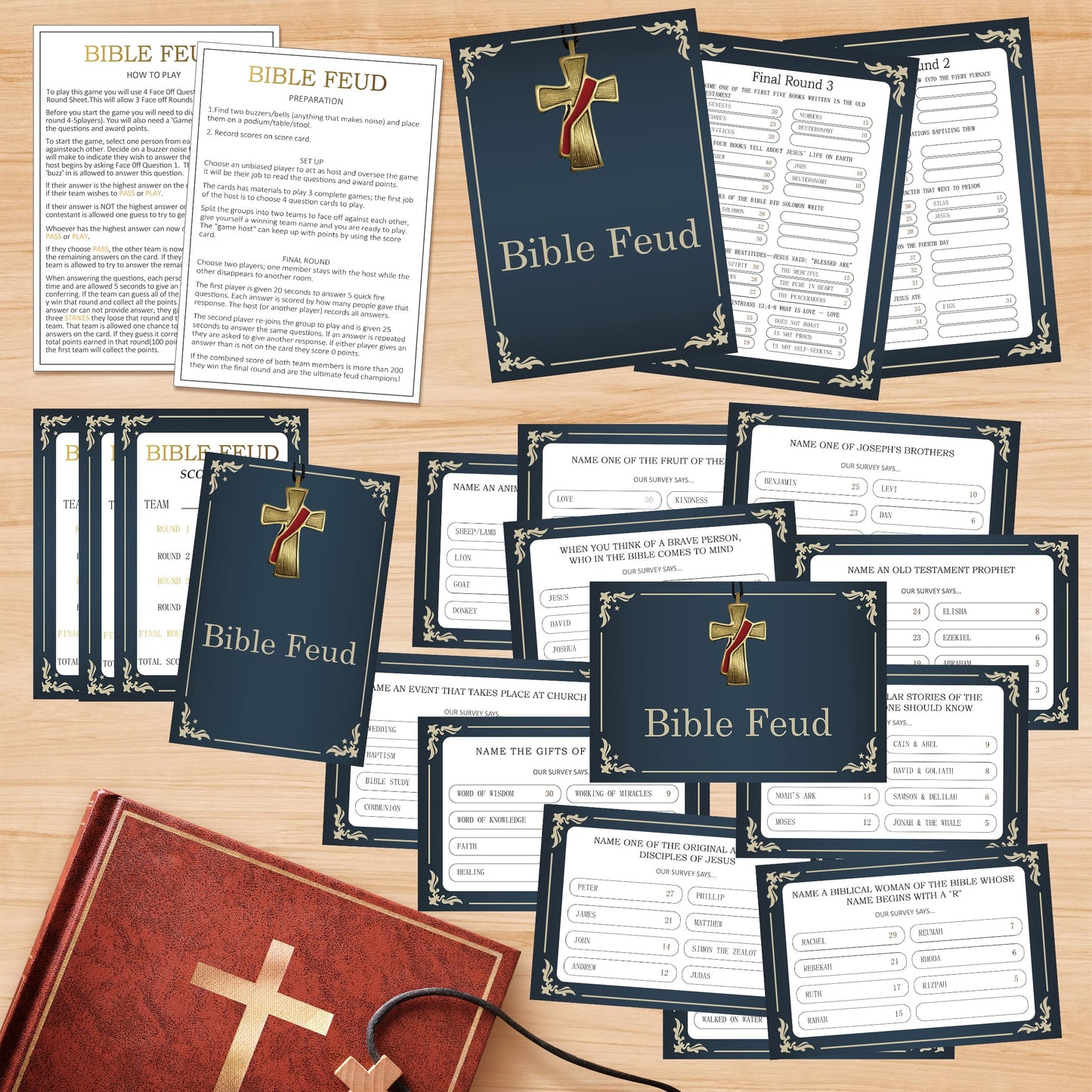 Tuiemie Bible Feud Quiz - Family Trivia Game, 5x7 & 4x6 Inches, Multicolor Paper Cards for Adults & Church Groups