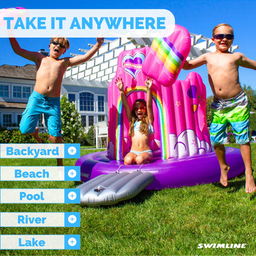 Swimline Giant Inflatable Unicorn Castle Pool Float For Kids And Adults Size| Floating Kingdom Raft Lounger Combo With Gate Shield Windows & Accessories For Pools Lakes Beach | Fits Up To 4 People