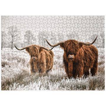 MyPuzzle Hairy Scottish Highland Cattle in A Winter Landscape - enhanced 500 Piece Jigsaw Puzzle for mature-themeds